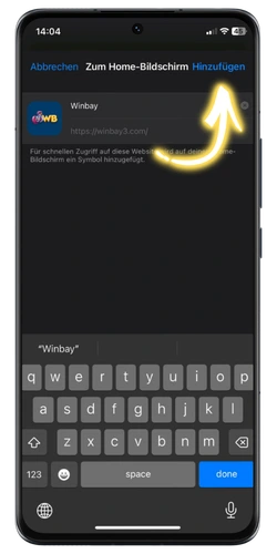 Winbay App Android – Namen für Verknüpfung eingeben und bestätigen