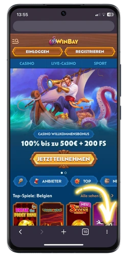 Winbay Casino App Android – Menü-Symbol unten rechts antippen