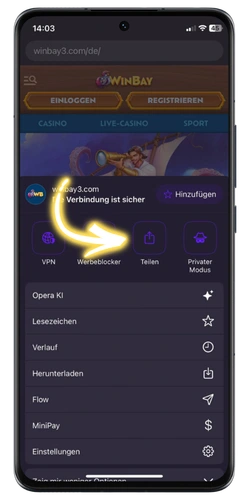 Winbay App Android – Teilen-Funktion im Menü auswählen